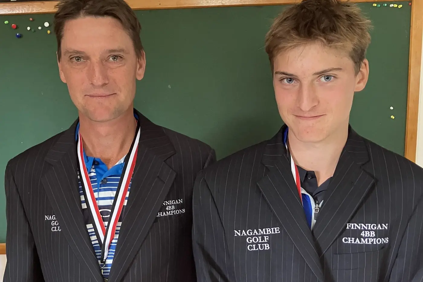 NAGAMBIE\\u2019S BEST GOLFERS: A delighted Jeremy and Ryan Ezard take out the Finnigan four ball.