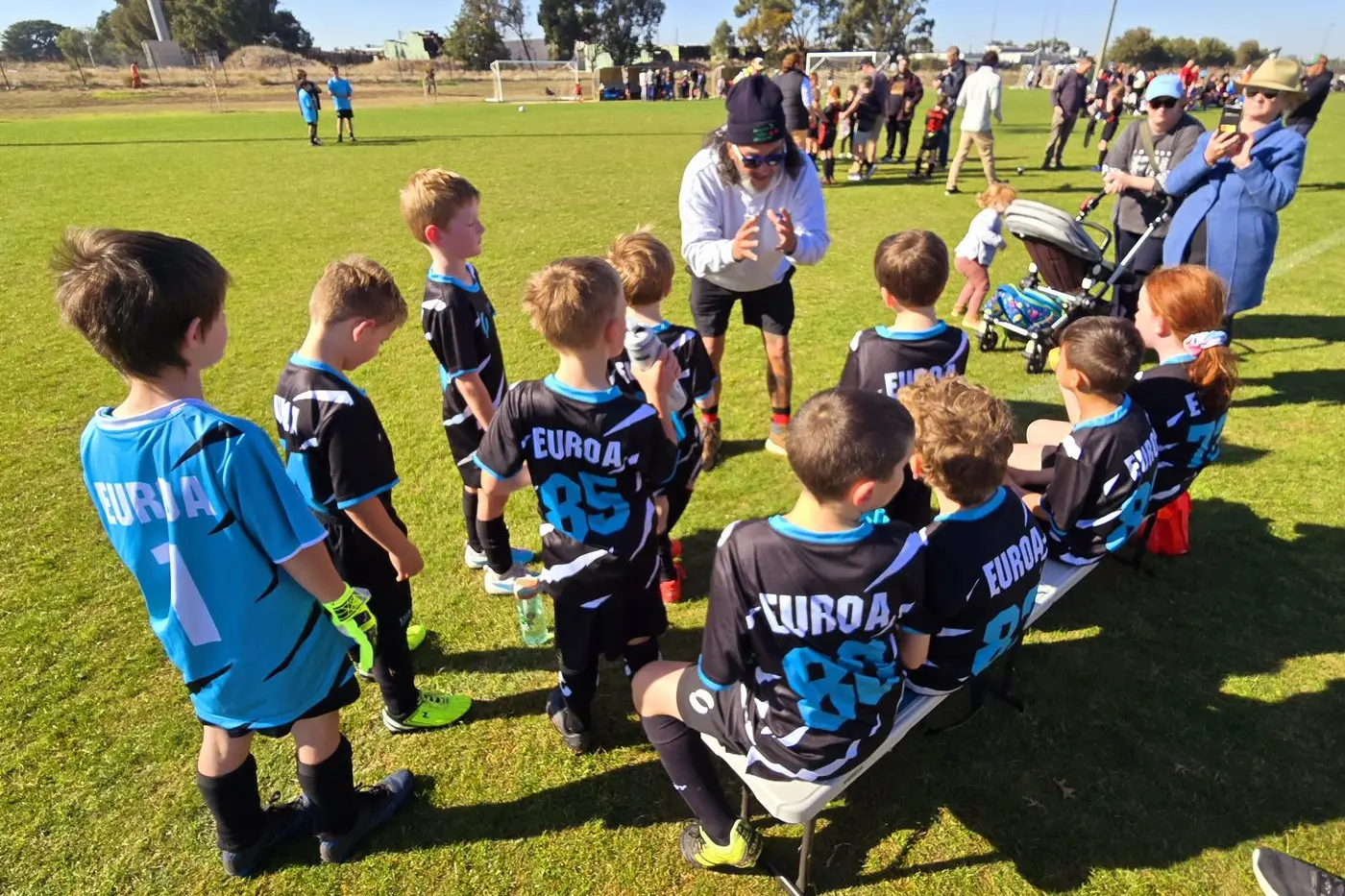PREP TALK: The coach of the under-8s delivers final words of encouragement to his players before kick-off.