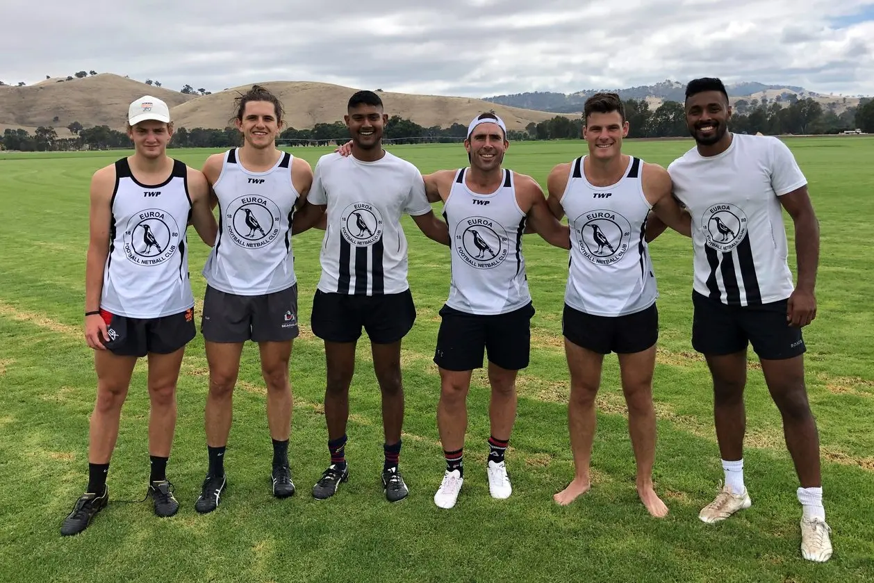 NEW RECRUITS: Some new players, yet to play a game in the Euroa colors are Nathan Stewart (left), Tristan Davies, Daniel Yogarajah, Jack Hellier, Dan Garside and Erish Uthayakumar.