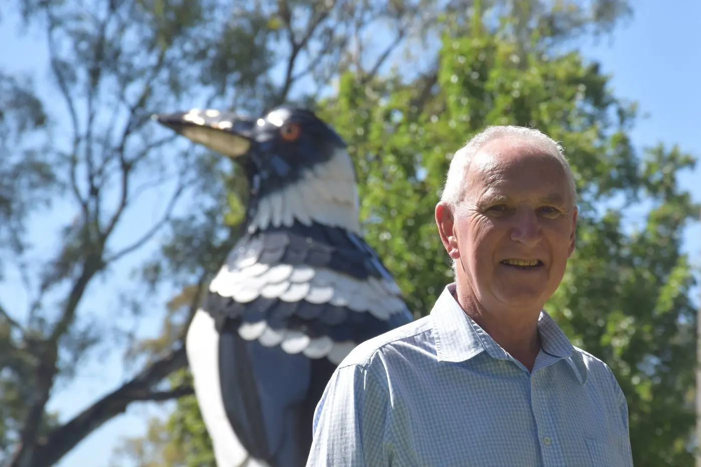 MICHAEL TEHAN OAM: Euroa\\'s own Michael Tehan, lawyer and community stalwart, received a Medal of the Order of Australia (OAM) this Australia Day. Pictured with Euroa\\'s magpie statue, he is an ardent supporter of the Euroa Magpies and Collingwood Magpies. PHOTO: Darren Chaitman