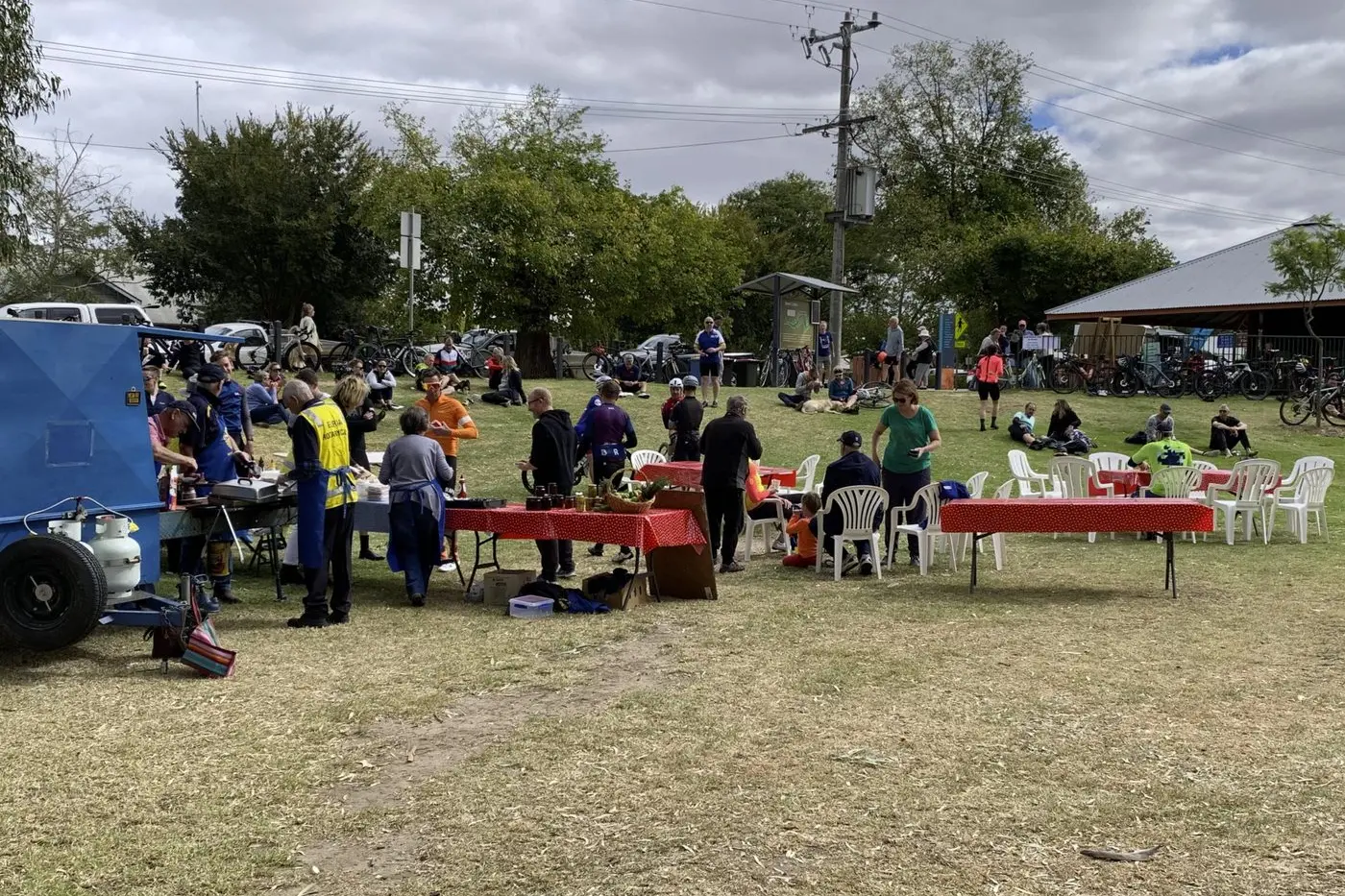 JUST WHAT WE NEED: At the end of their rides the cyclists knew exactly where to head drawn by the delicious aromas emanating from the Rotary barbeque.