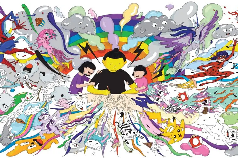 GROWING UP WITH YOU: The large-scale collaborative mural, measuring over 7 metres, centres around a depiction of Leung and her daughters drawing together, from which creative expression explodes in a riot of colour and characters.