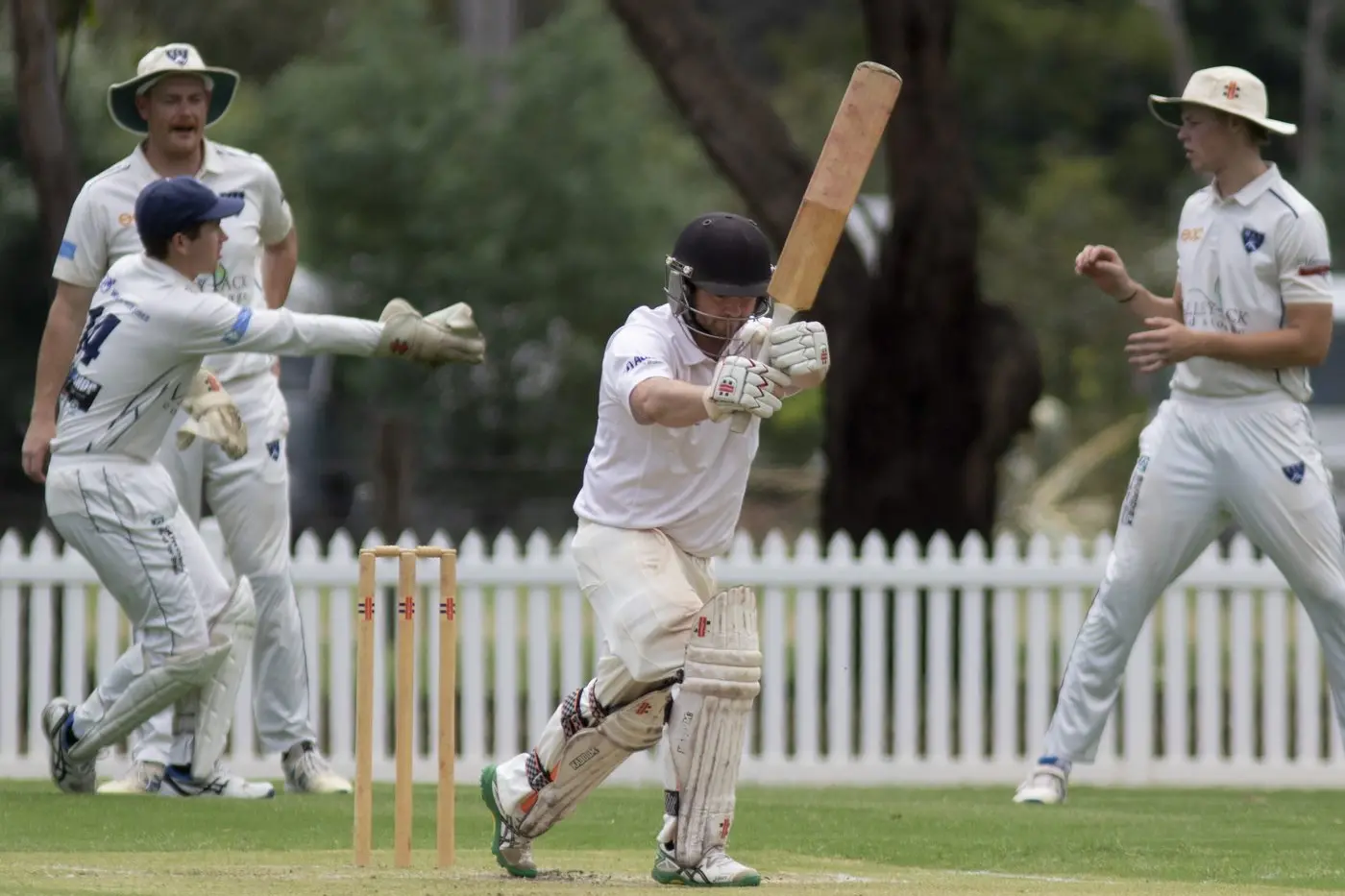 CLOSELY WATCHED: Ash Ellis smartly leaves the ball, with the slip cordon watching as it sails through to the wicketkeeper. PHOTOS: Dale Mann\\n