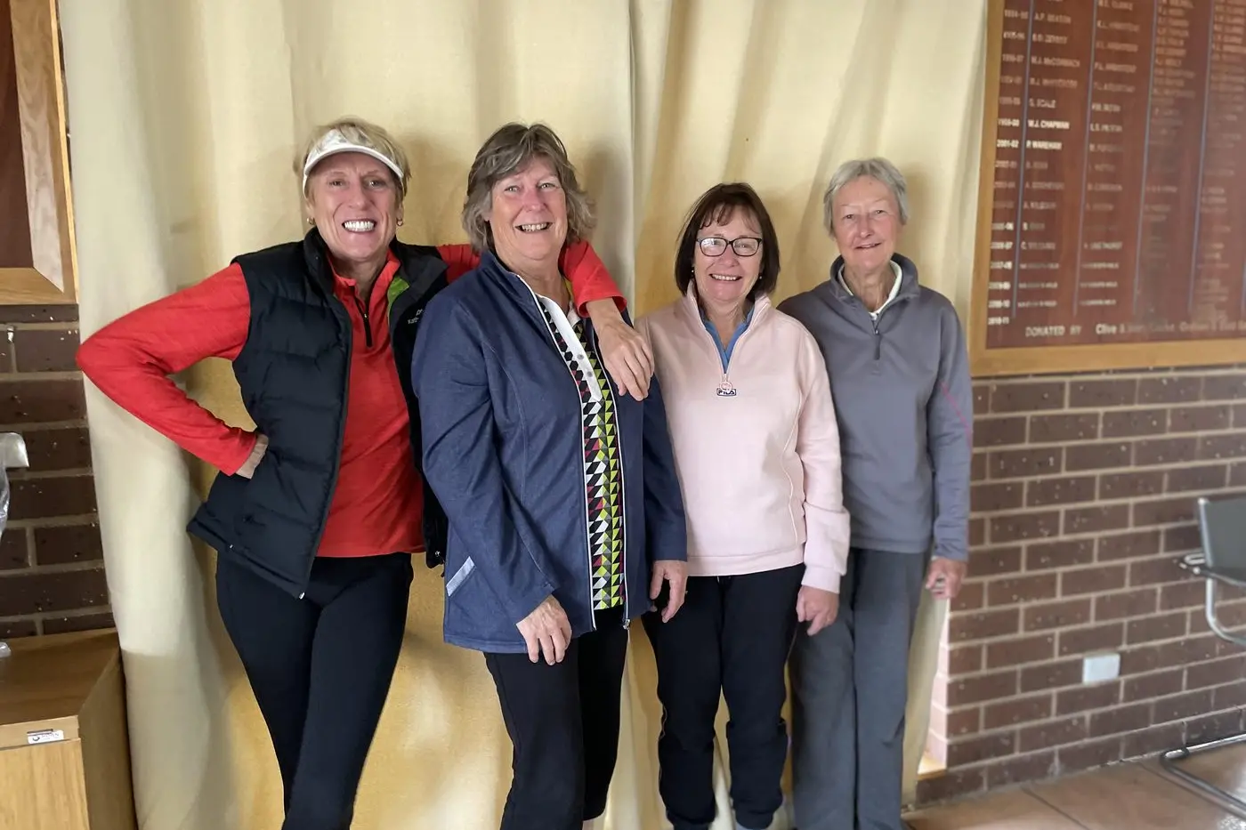 WARMING UP: Benalla\\u2019s Kate Campbell, Deb Siggers, Claire Sharp, and Maureen Jewell in Mansfield\\u2019s clubhouse.