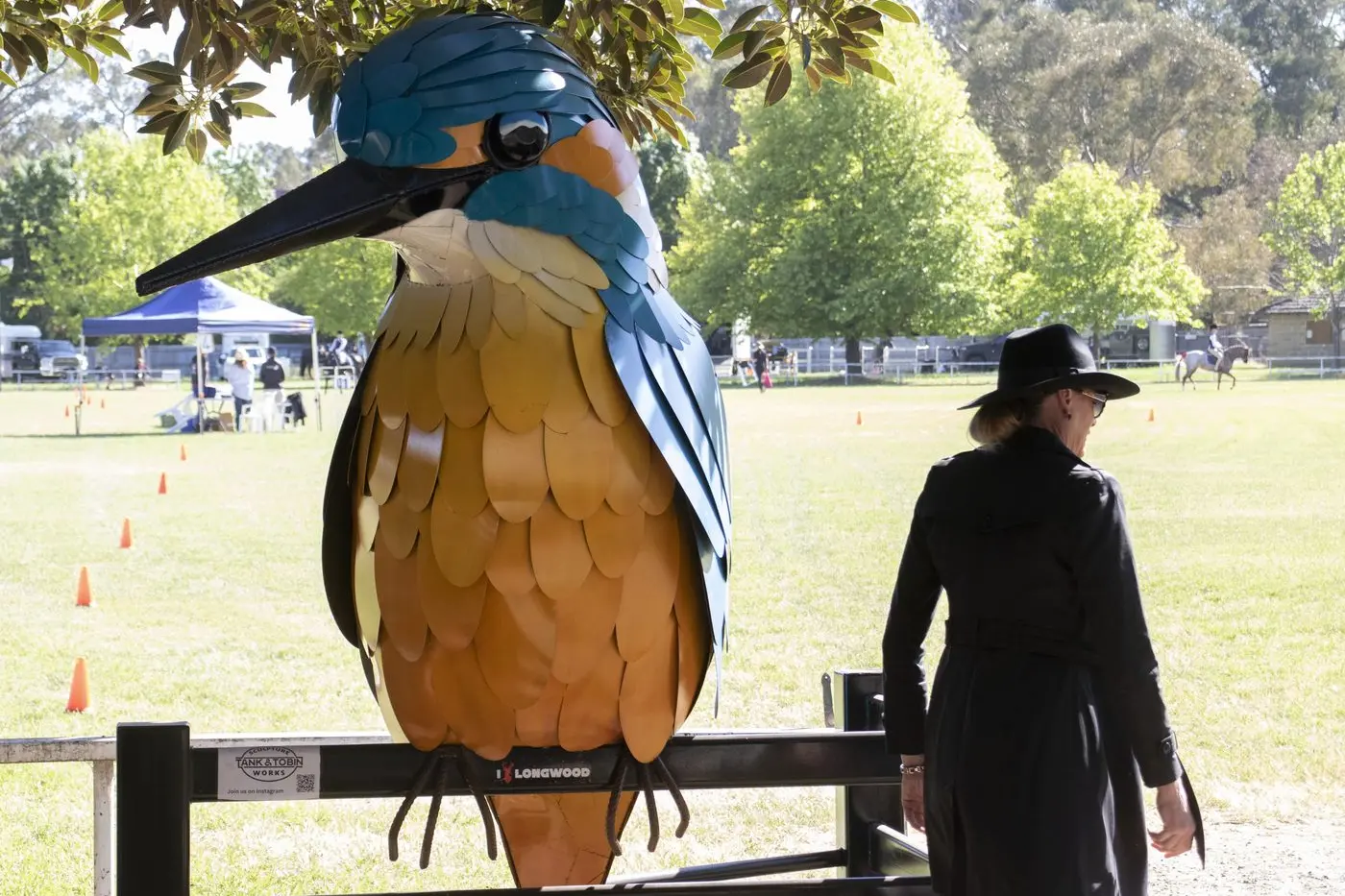 SHEARING KING: The blue and orange kingfisher was positioned across from the shearing stage, in a nod to the Beyond Blue speed shear fundraiser. PHOTO: Dale Mann