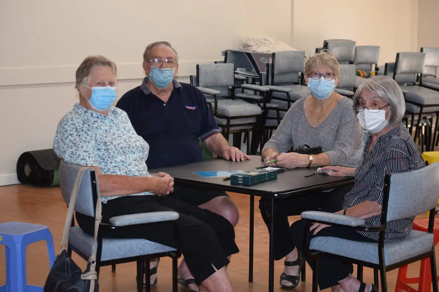 ENJOYING A BIT OF BRIDGE: Euroa Bridge Club members Bev Asquith, George Wagner, Lyn Sargood and Judith Johnson gathered for their first bridge club event at the Third Age Club post lockdown. The eager card game players are encouraging members to join the club. PHOTO: Philippe Perez