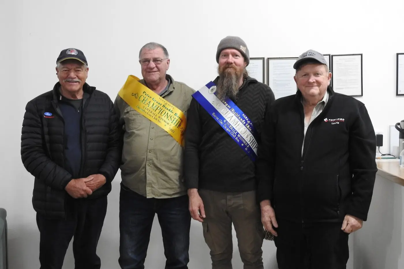 PRESIDENTS WITH THE CHAMPIONS: (L to R) Geoff McClure (Alexandra President), Leon Tonks, Les Comensoli and Laurie Fitzpatrick (Euroa president). PHOTO: John King