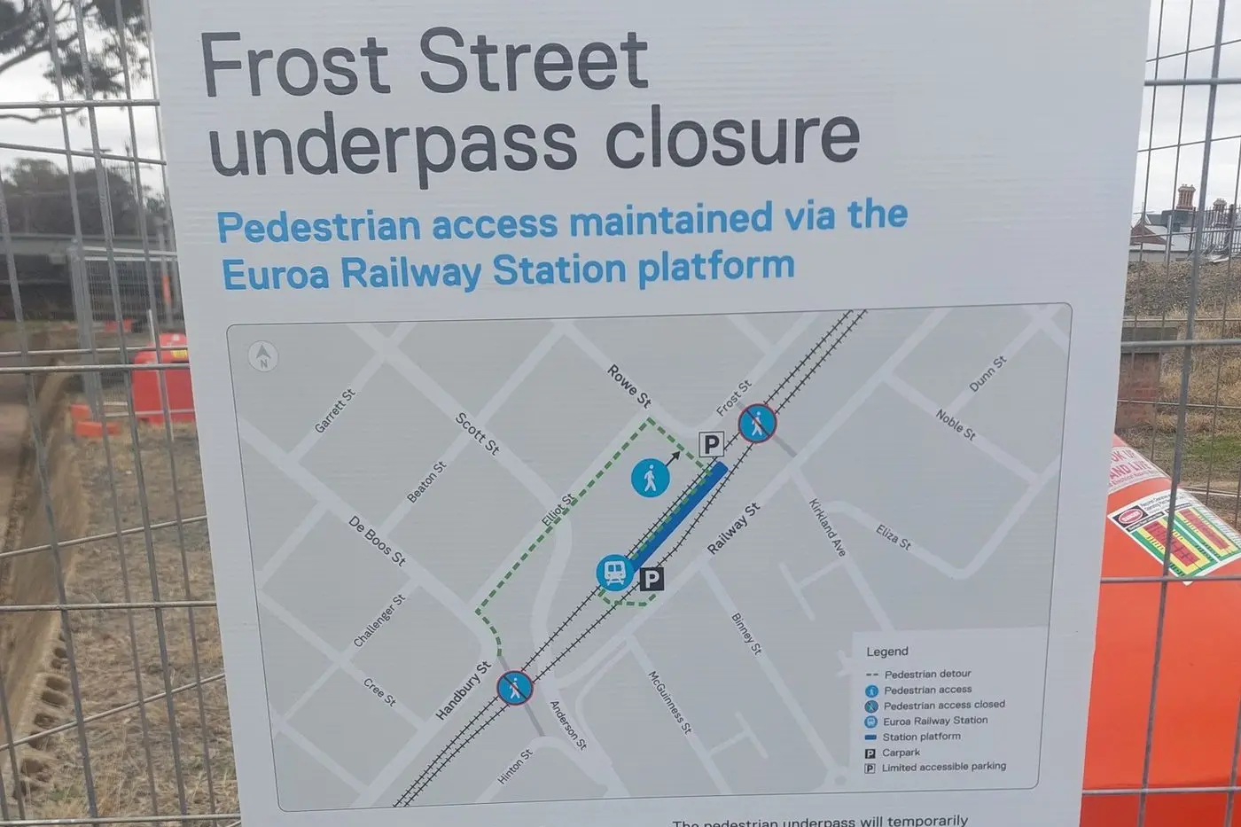 PASSED OVER: The Frost Street pedestrian underpass closed on Monday 21 July and will temporarily reopen later in 2025 before being permanently removed in 2026, when the new station underpass is opened.  Two new fully accessible underpasses are under construction nearby, but residents argue the loss of Frost Street severs a vital community connection. PHOTO: Facebook/Ambie Louise Hogan\\n