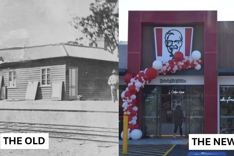 OLD AND NEW: Euroa Railway Station in its early days (right) and Euroa\\u2019s new KFC on Monday. PHOTOS: Euroa Historical Society; Darren Chaitman