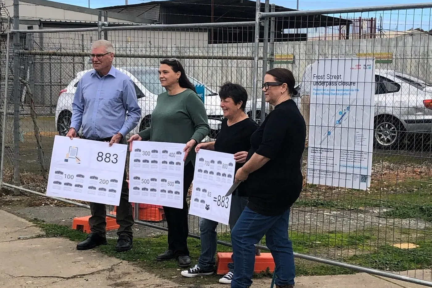 CAMPAIGN: Concerned residents Neal Brown (left), Vanessa Williams, Katie Williams and Colleen advocating for the Euroa Frost St pedestrian underpass to be retained during a TV interview. PHOTO: Supplied