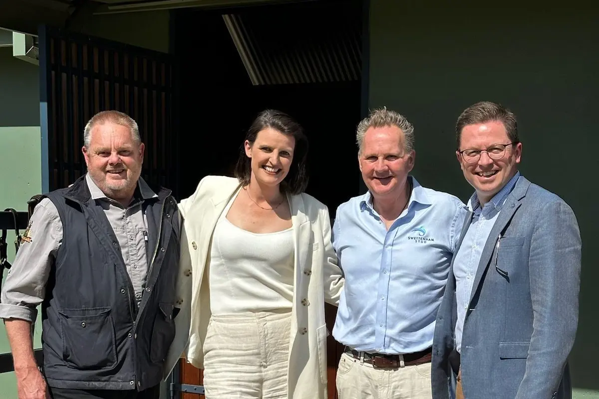 MEET UP: On the ground at Swettenham Thoroughbreds (From left) Shadow Minister for Racing Tim Bull MP, Member for Euroa Annabelle Cleeland, Swettenham Stud Principal Adam Sangster and Minister for Racing Anthony Carbines MP.