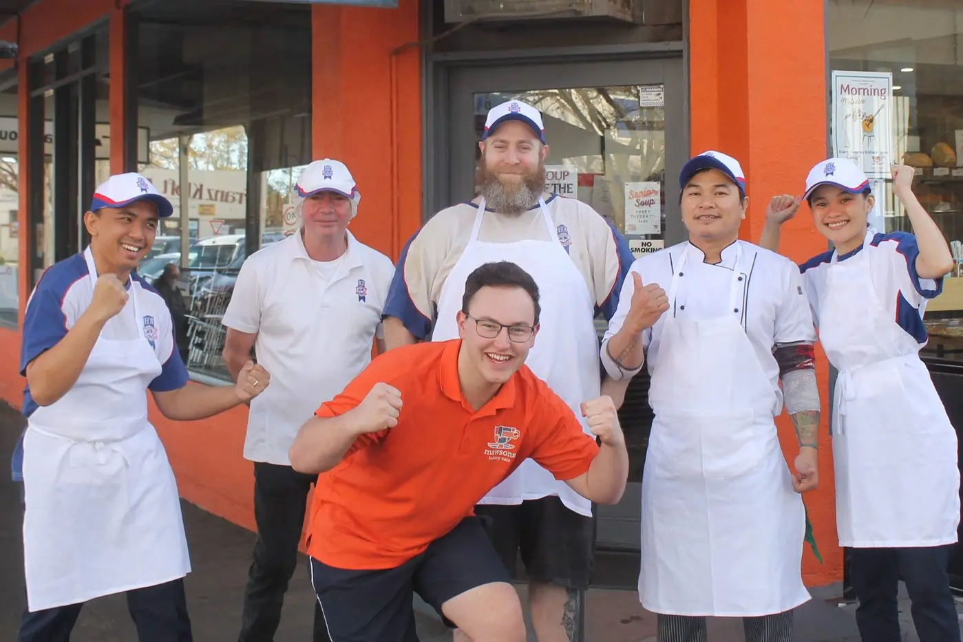CELEBRATING: The Mawson\\'s Bakery Caf\\u00E9 team celebrating their win of 12 awards from Australia\\'s Best Pie & Pastie competition this year. In the back row are bakers Alan Iskandar (left), Trevor Joyce, head baker Phil Kennedy, Rowen Obdin and Shan Problette; (front) bakery manager Brandon Mawson. PHOTOS: Darren Chaitman Id:42211