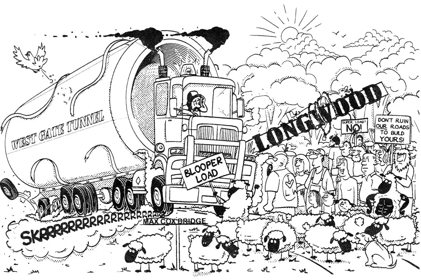 A cartoon created by Tim Faliszewski as part of a campaign to stop superloads travelling through Longwood and Locksley. The communities are claiming a win, saying there will be only one superload truck coming through town in May.  IMAGE: Tim Faliszewski
