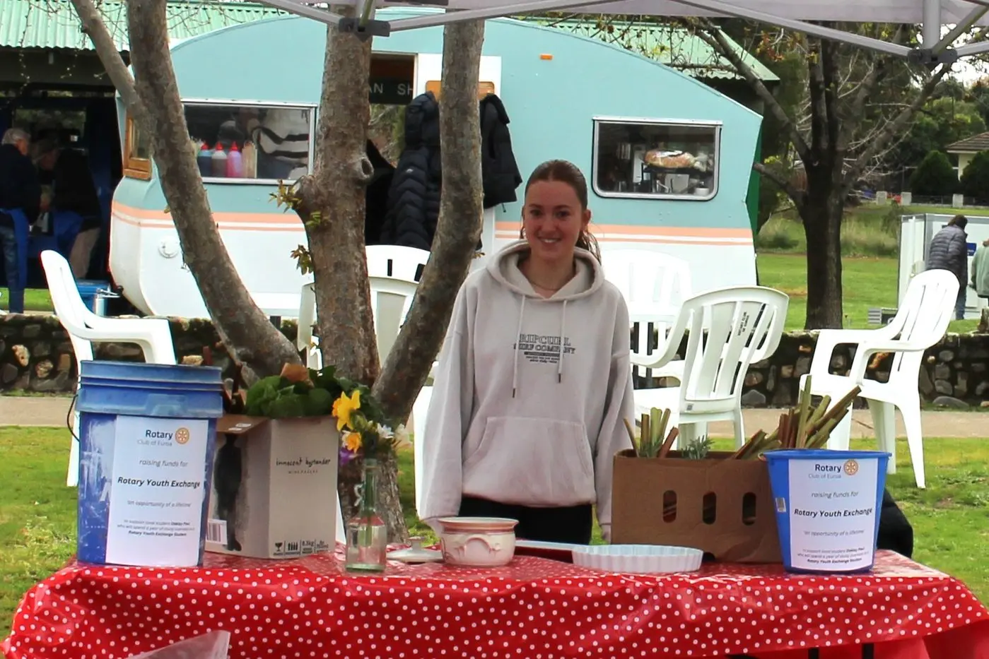 EXCITED: Oakley Paul raising funds for the Rotary Youth Exchange at the Euroa Farmers Market.