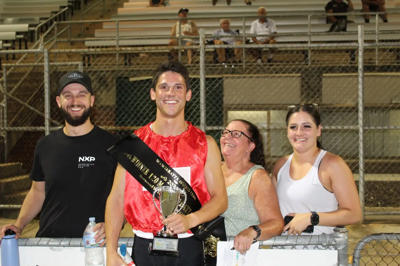 TEAM RIZZO: Matt Rizzo and family Ryan Dergacz, Debbie Rizzo and Paige Rizzo had their hearts in their mouths waiting for the result of the photo finish of the Wangaratta Men\\'s Gift as Rizzo claimed victory by just nine hundredths of a seconds. PHOTO Bailey Zimmermann Id:36696
