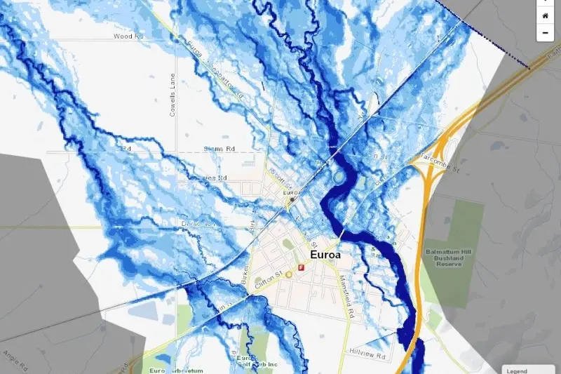 PREPARING FOR FLOOD: Euroa would see flooding, particularly in the town\\u2019s north if a 1 in 50 year flooding event occurred, as shown here on the GBCMA\\u2019s flood portal.  The portal also gives specific reports for properties.