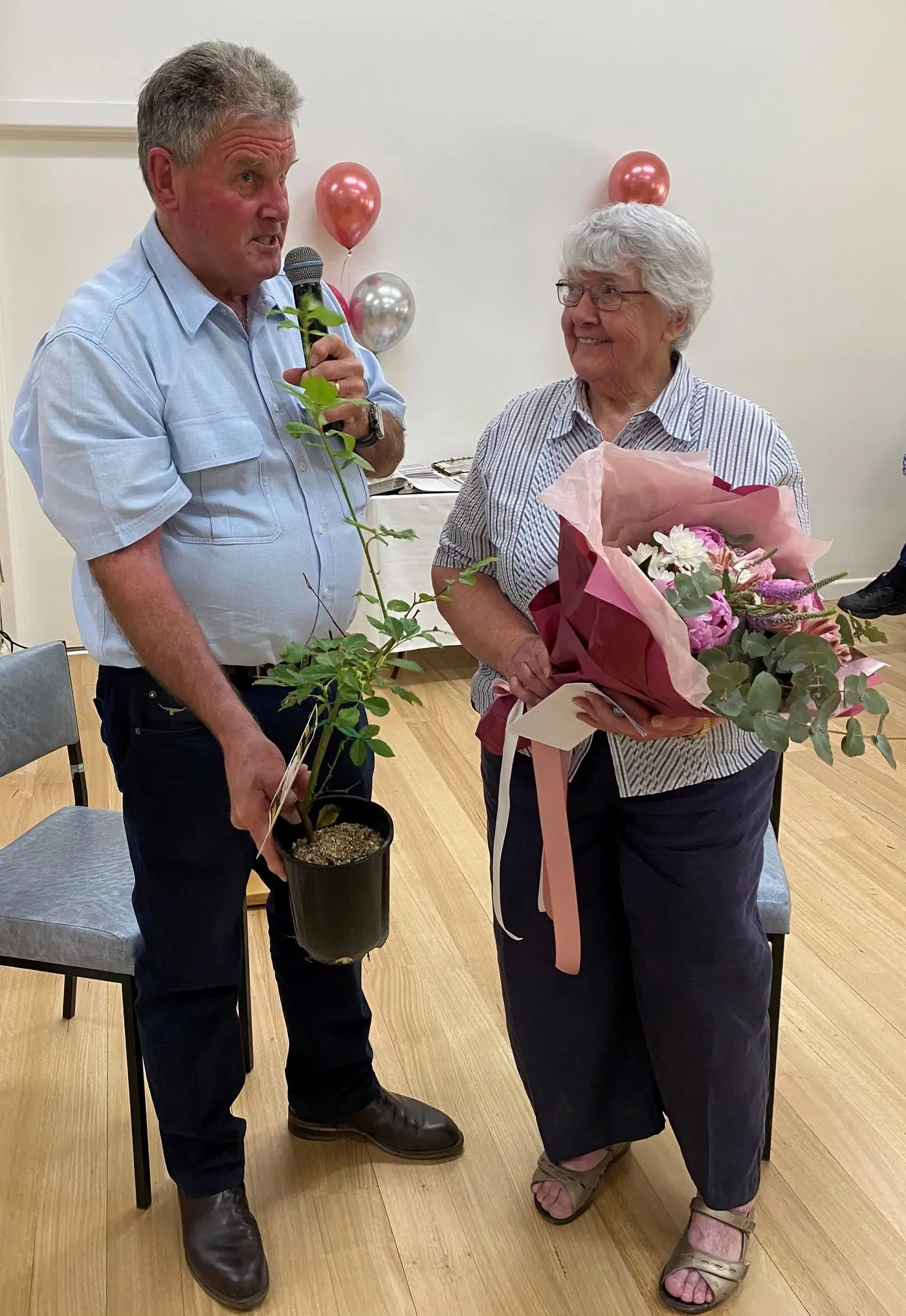 REMEMBERING THE CLUB IN \\'64: Euroa Third Age Club president Neville Mawson (left) asked Margaret Walker (right) for her memories of the building and opening of the club in 1964.