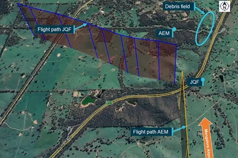 PROJECTED FLIGHT PATHS: This picture from the ATSB\\'s preliminary report into the mid-air collision of two aircraft details the flight paths and crash sites of the two planes prior to the collision. PHOTOS: ATSB