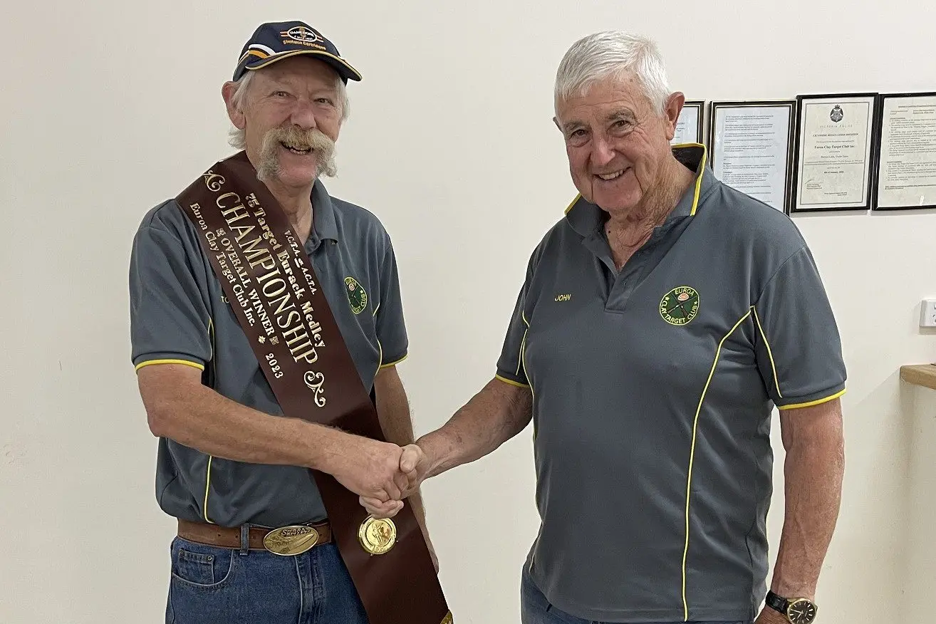 WINNER: Tony Rohrlach took out the Eurack Medley Championship and was congratulated by sponsor John King. Id:37239