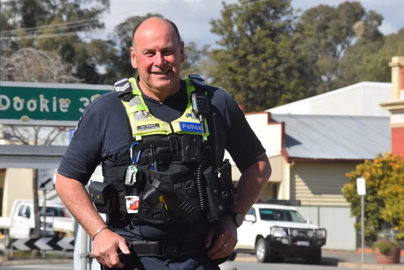 COP ON THE BEAT: Mr Hamill on Cowslip Street, Violet Town last month. PHOTO: Darren Chaitman