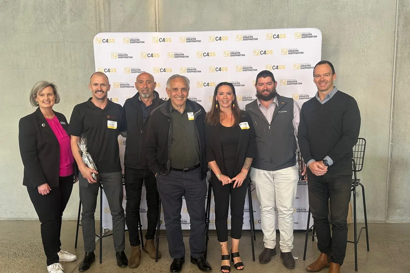 BUSINESS INNOVATORS: Lindy Niewenhuisen, Peter Matera, Kane Atkinson, Paul Briggs AO, Liz Allen, Jebb Hutchison and Leigh Findlay.
