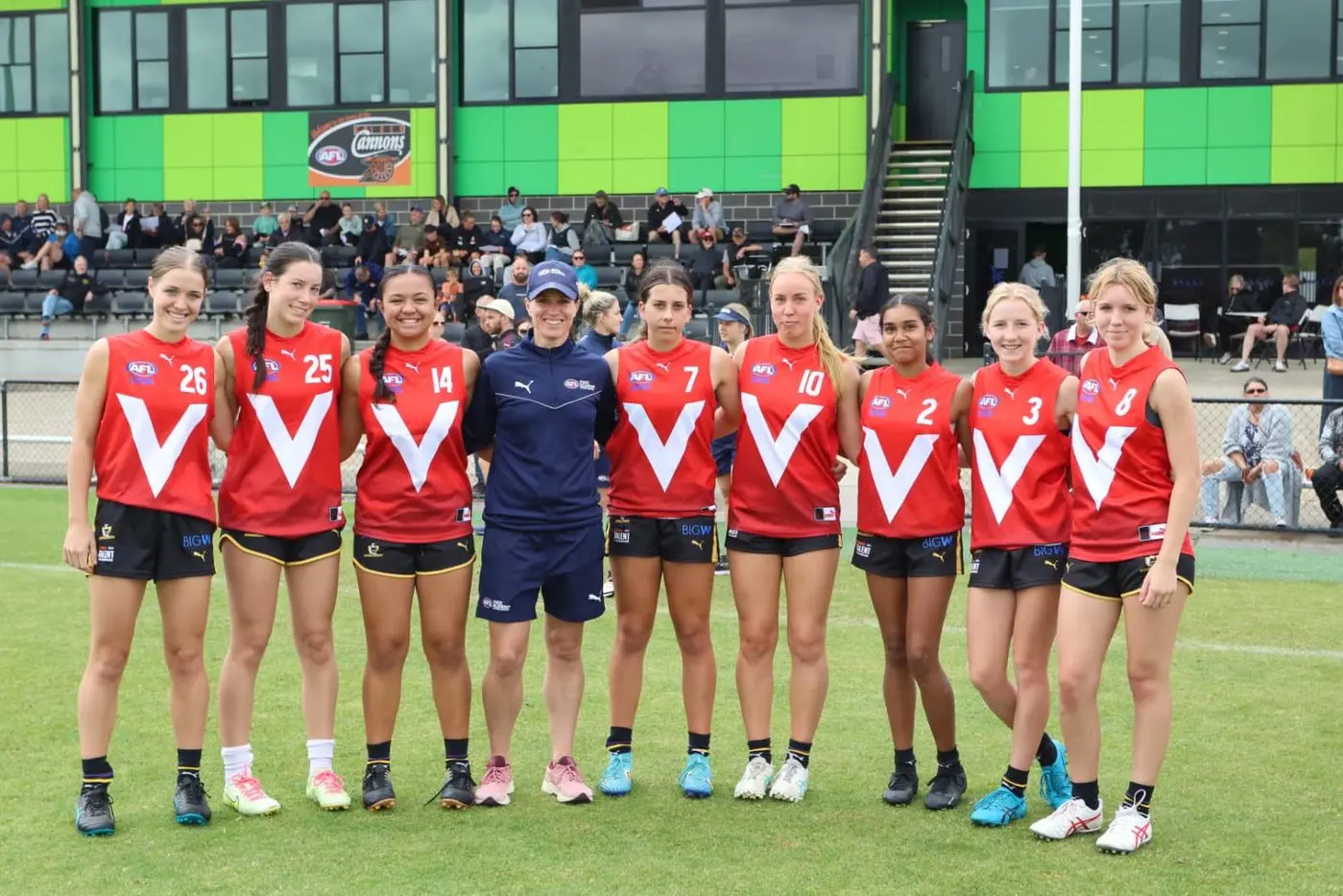 BIG V: Leila Creevey (second from the left) relishes the challenges and exposure of higher-level football.