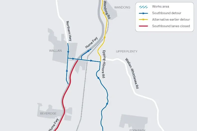 DETOUR MAP: This map shows the main detour for vehicles travelling south on the Northern Highway and Hume Freeway, along with the secondary detour from the Hume Freeway.