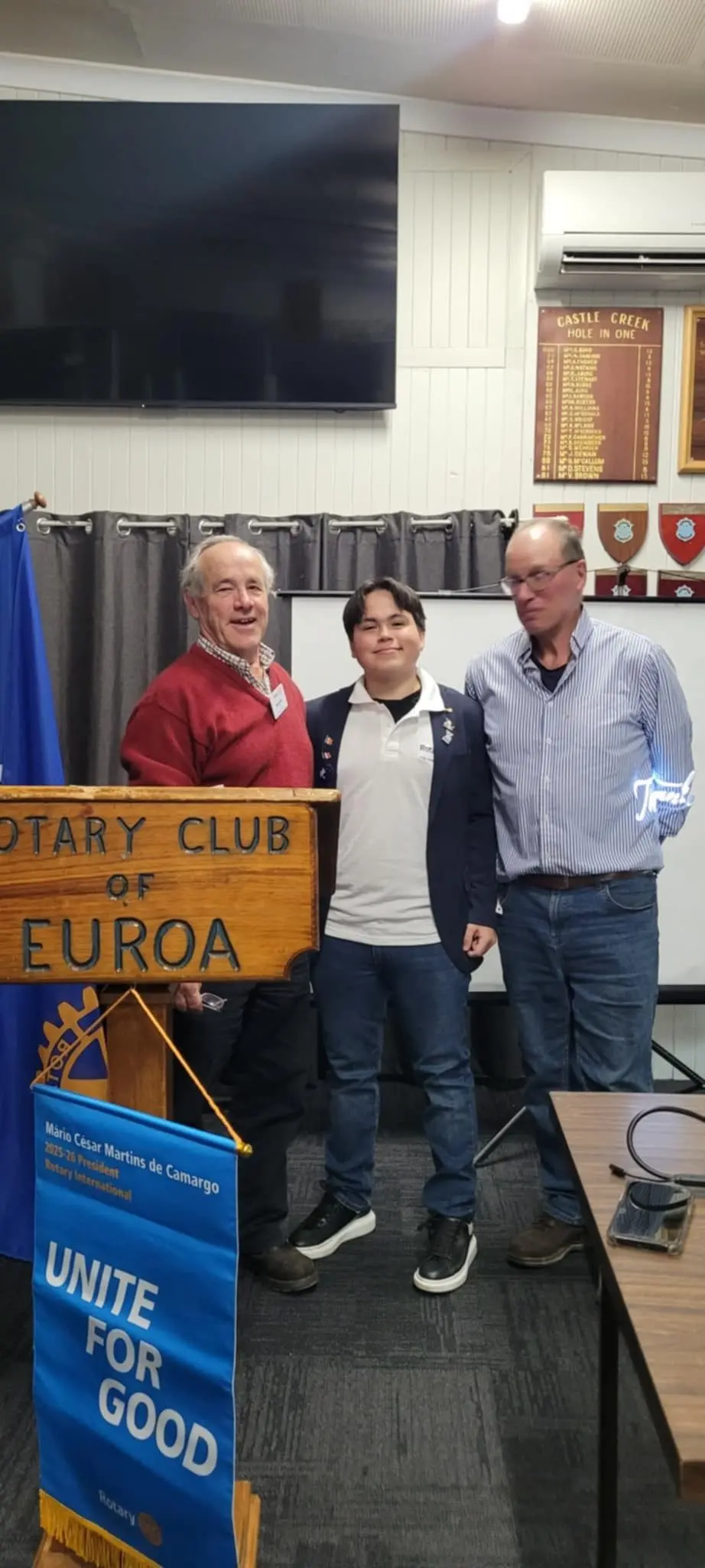 WELCOME TO EUROA: Mexican exchange student Luis Enrique \\u201CQuique\\u201D Esquinca with Rotary Club president Michael Stubbe and exchange student counsellor Richard McGeehan.