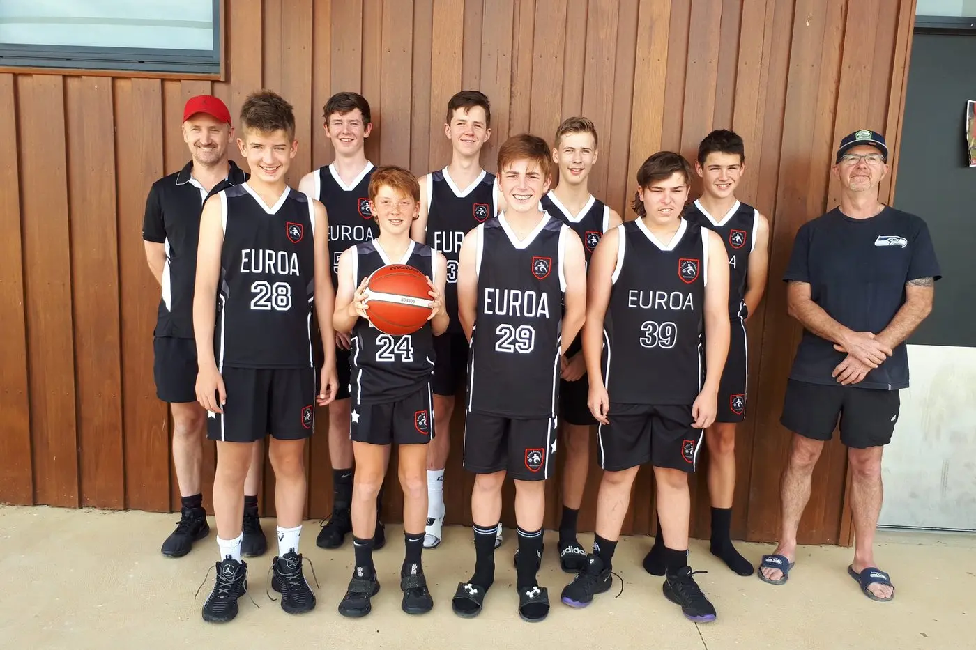 UNDER 16 REP TEAM: Enjoying the challenges of the Bendigo tournament: Coach Paul Allen (back left), Hugh Murphy, Ely Reid, Baxter Fraser, Charlie Thompson and assistant coach Scott Reid; Bailey Allen (front left), Nic Watson, Max Miller and Harry Shiner.
