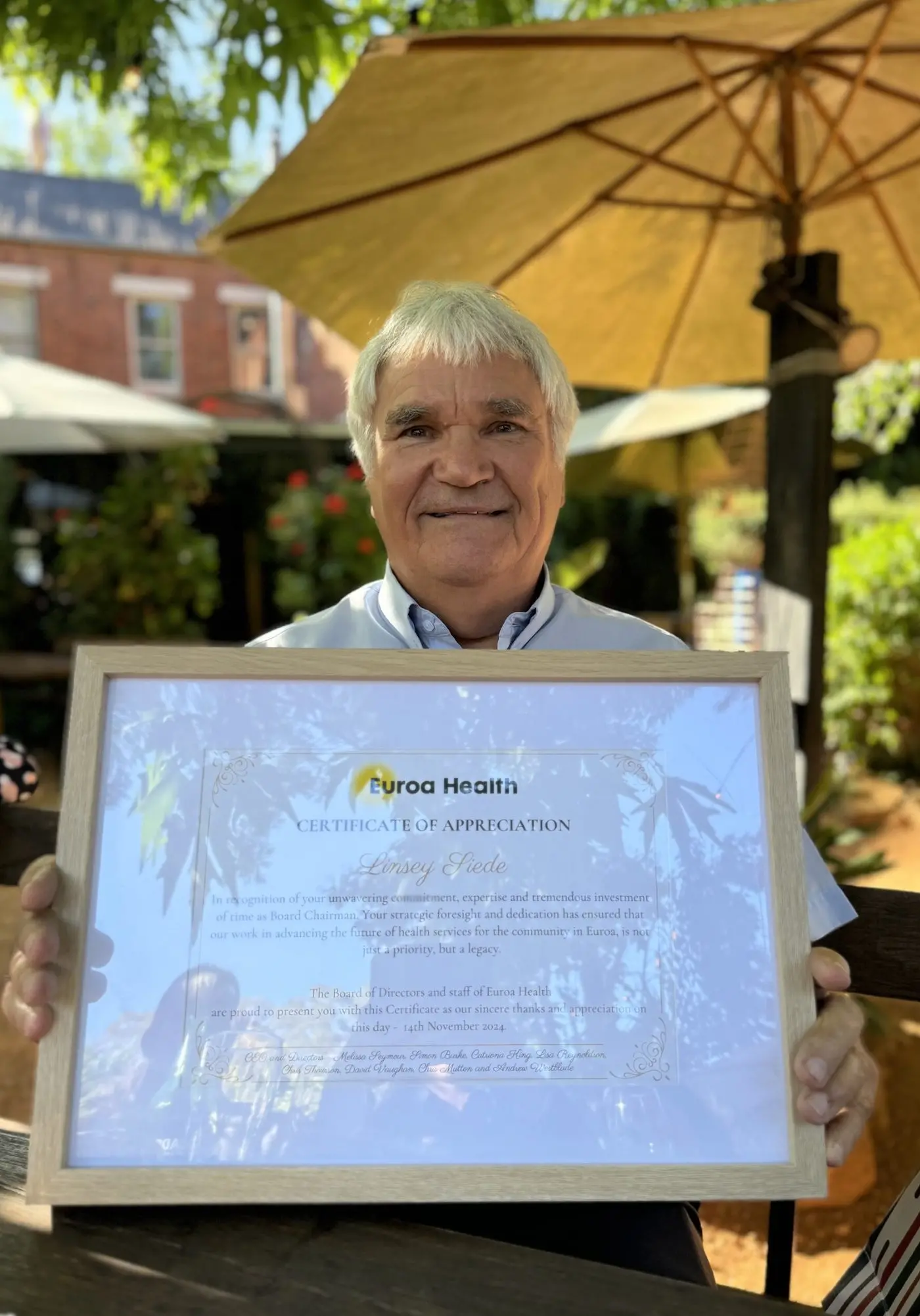 APPRECIATED: Linsey Siede was presented with a certificate of appreciation for this three years as Euroa Health\\'s chair.