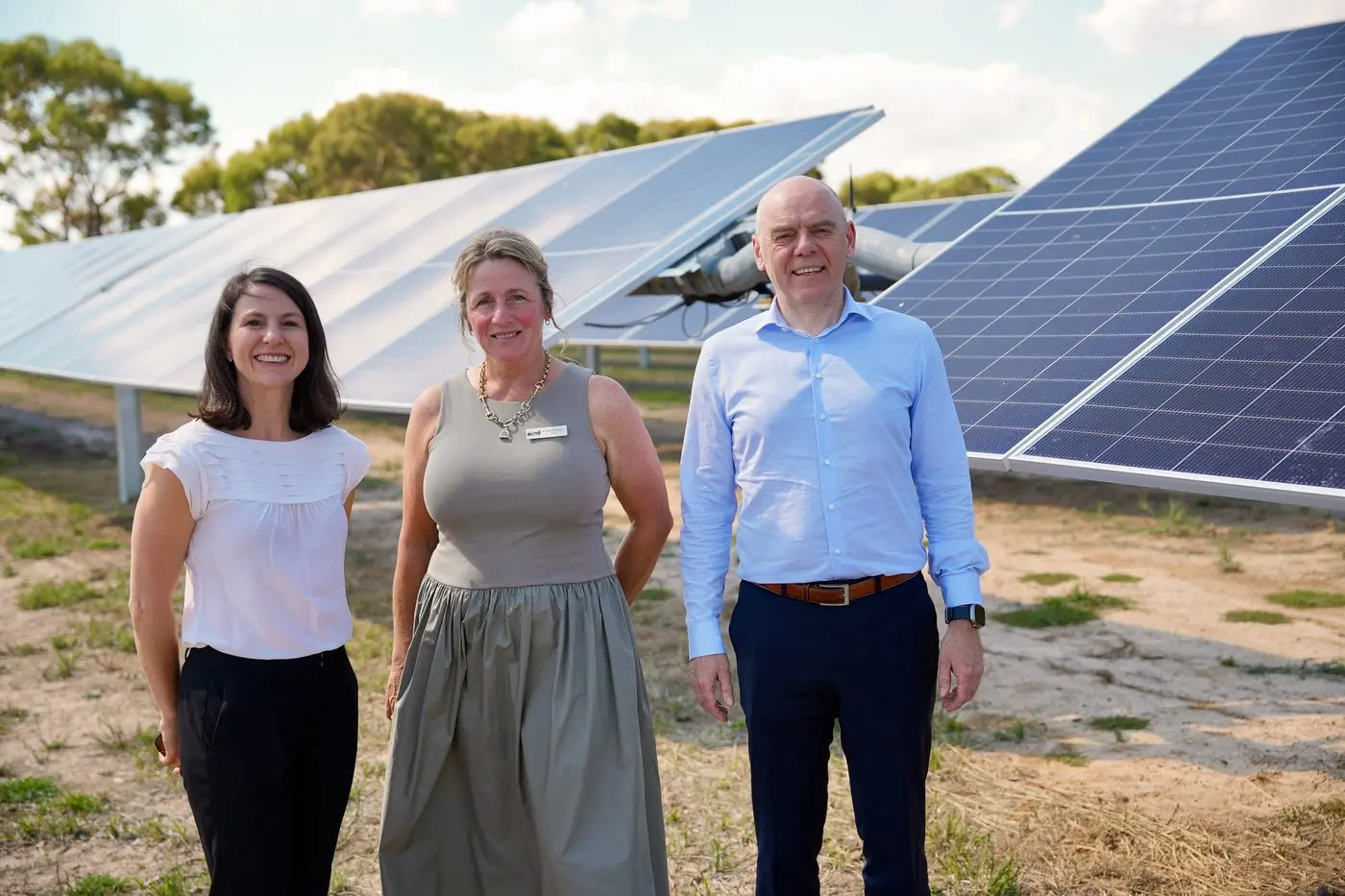 POWERING UP: European Energy country manager Catriona McLeod, Benalla council mayor Bernie Hearn, and European Energy CEO Erik Andersen at the site of a new 58MW solar facility.