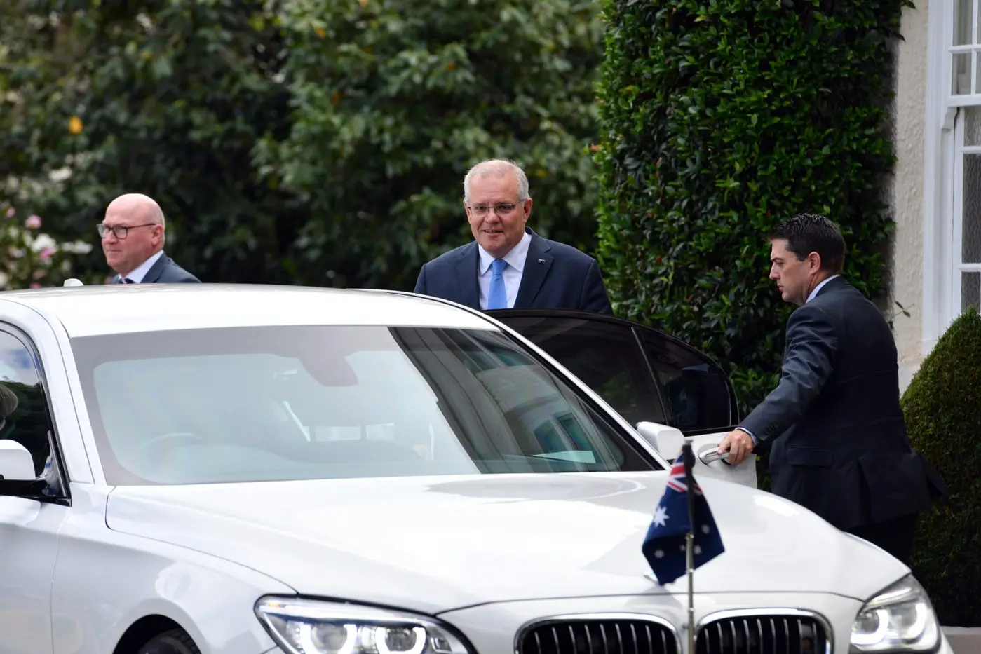 TIME GENTLEMEN: Prime Minister Scott Morrison after visiting the governor\\u2013general yesterday to call for the election. (Mick Tsikas/AAP PHOTOS) Id:23114