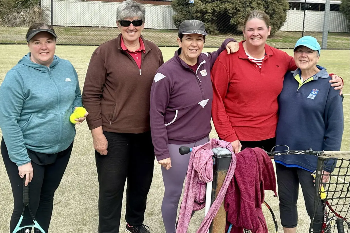 GAME, SET, MATCH: Delatite and Terip players in Mansfield \\u2014 Jo O\\u2019Brien, Jenny Martin, Liza Karras, Phoebe Macdermid, and Karyn Fraser.