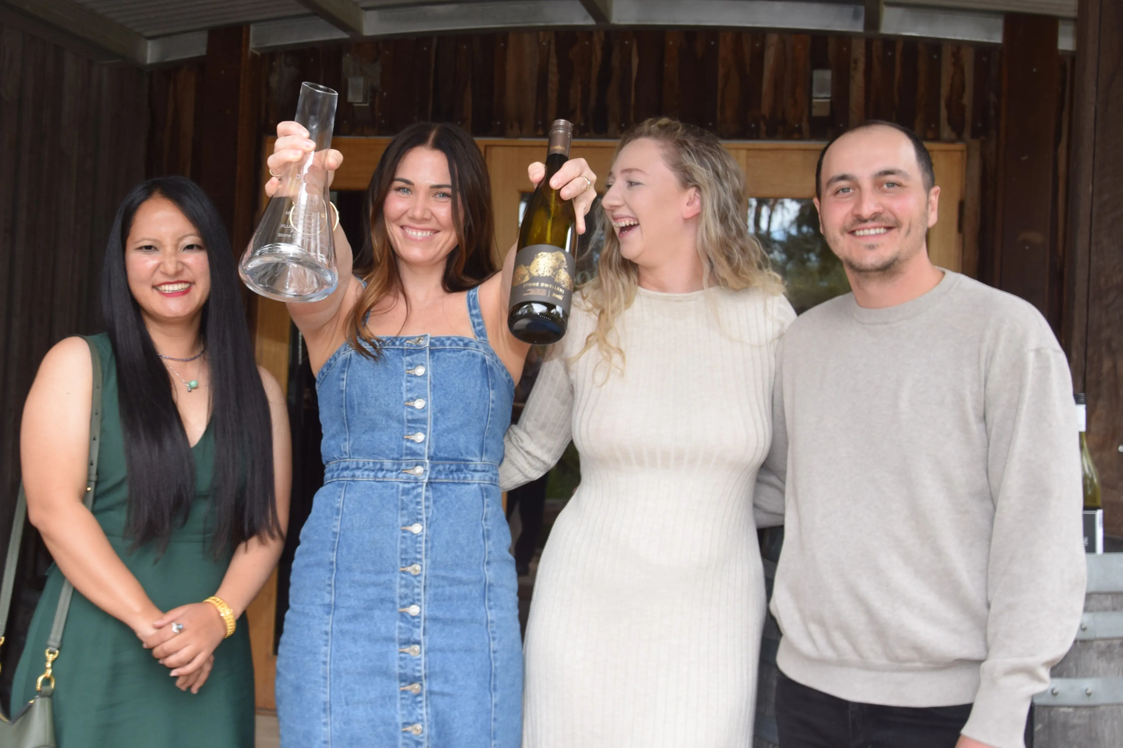 <p>TROPHY TWINKLES: Fowles winemaker Tegan Clydesdale hams it up with Shristi Limbu, Lily Bunt, and Tunakan Ozturk after the event. Clydesdale holds the trophy for and bottle of the state\\u2019s best Riesling. PHOTO: Andy Wilson</p>\\n