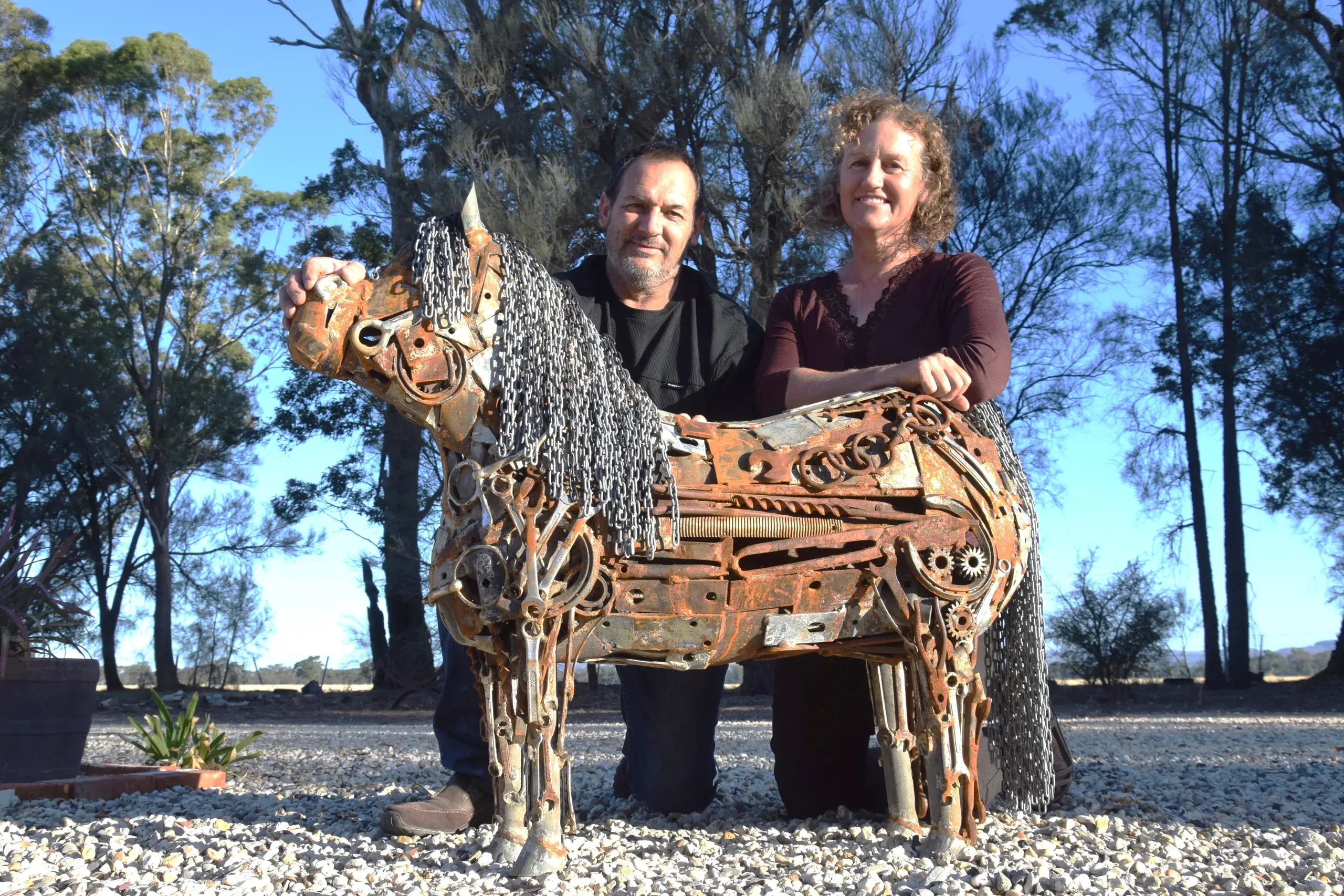 <p>Gi\\u001E ed artists Jim and Marilyn Larkin have been making superb works of art from scrap metal for only a year; but the Longwood couple is producing some eye-catching animals. They will be entering a horse piece di\\u001D erent from this one at the RAGE exhibition over Easter. We got a sneak peak. PHOTO: Andy Wilson</p>\\n