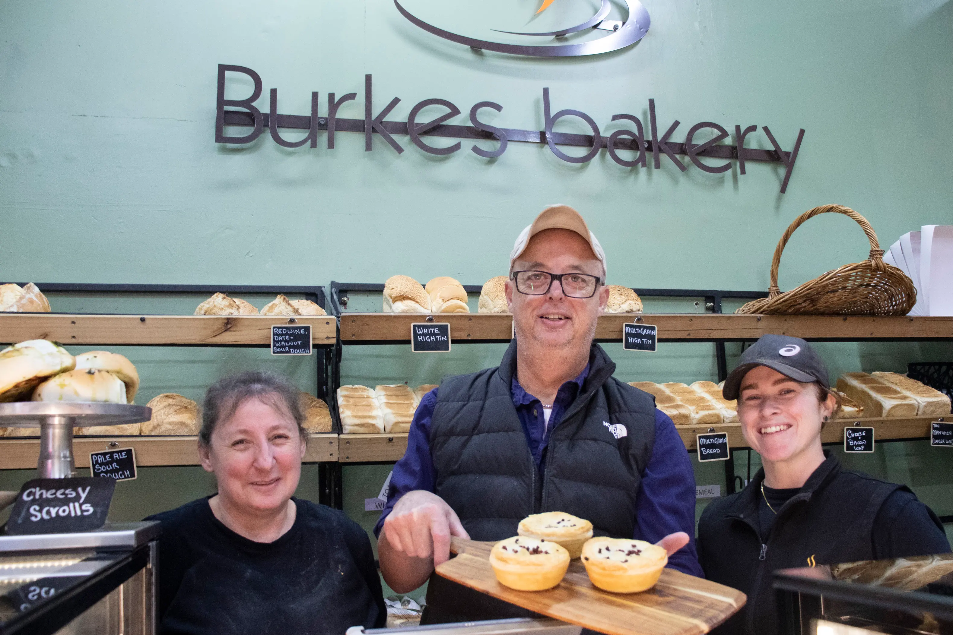 <p>FOUR OUT OF FOUR AIN\\'T BAD: Tracie Berry, Rob Beanham,\\u00A0and Hannah Tuckett show off some of their daily pies. PHOTO: Dale Mann</p>\\n