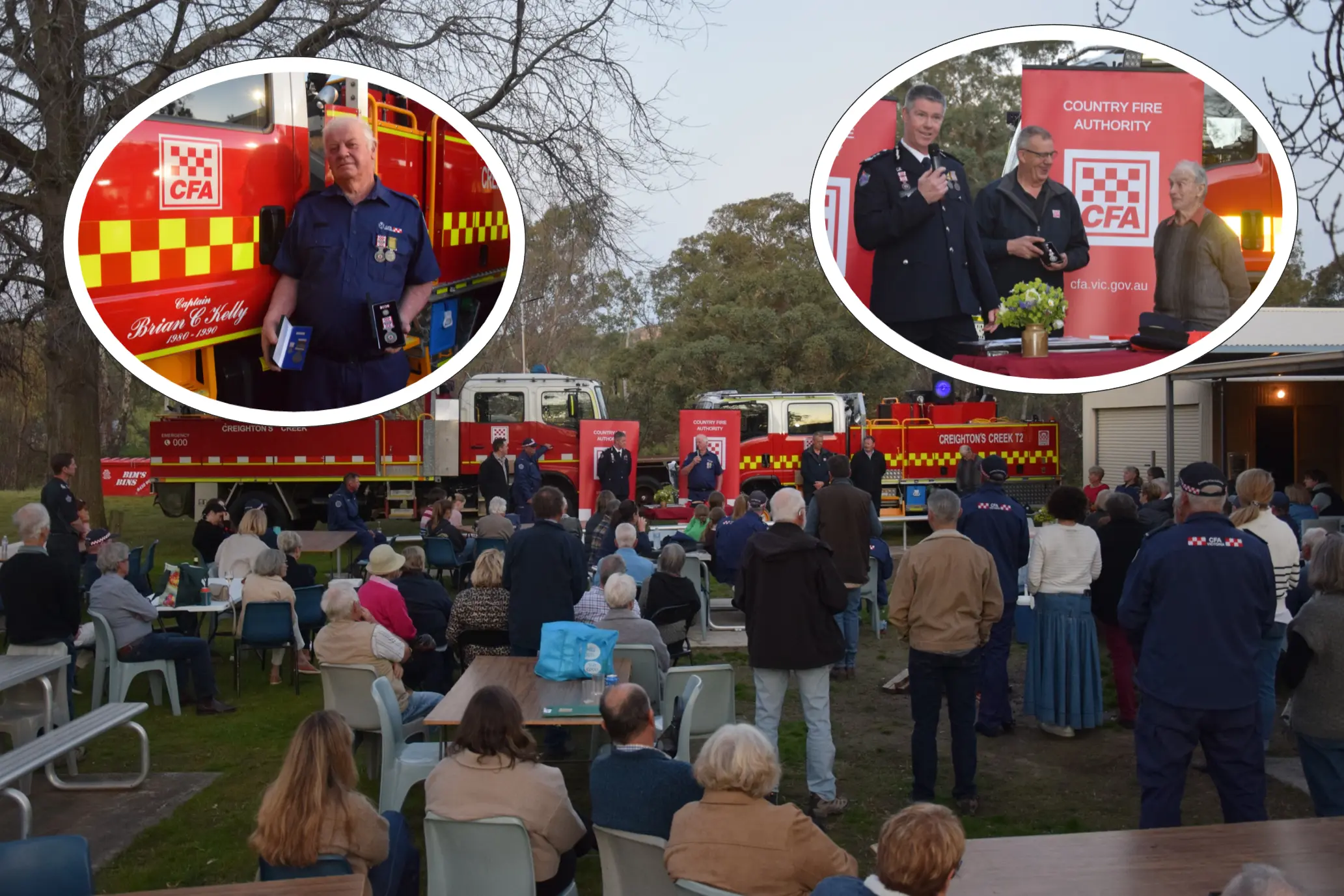 <p>HONOURING A LIFETIME OF SERVICE: More than 150 family members, friends, fellow firefighters, and community members gathered at Creightons Creek CFA on Saturday 12 September to celebrate National Medal recipients Brian Kelly Barrie and Noye, whose combined service to the CFA spans 130 years. PHOTOS: Andy Wilson</p>\\n