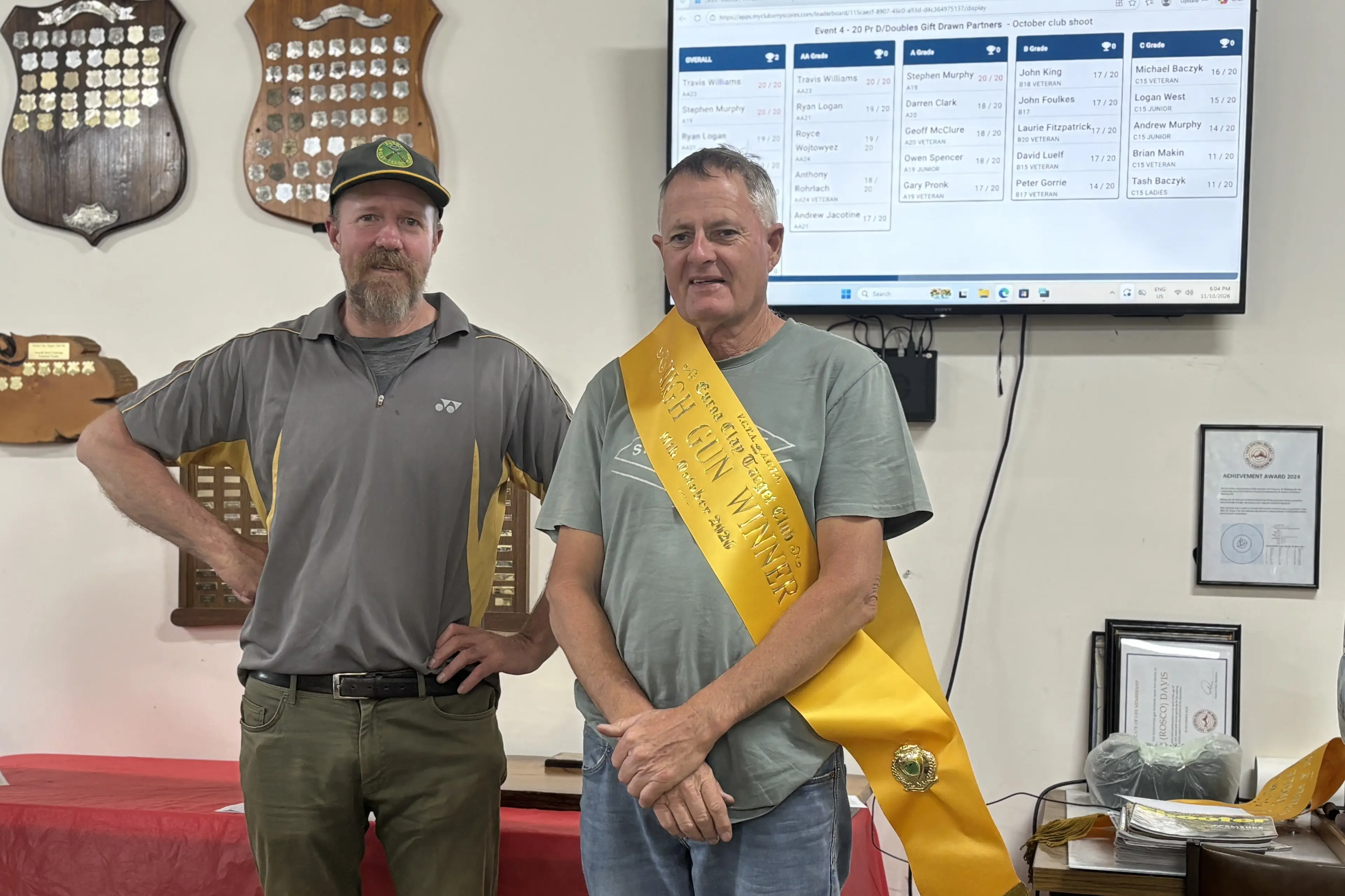 <p>HIGH GUN HONOURS: Club president Leon congratulates Daryl Hunt on winning the Golden Gift High Gun title.</p>\\n