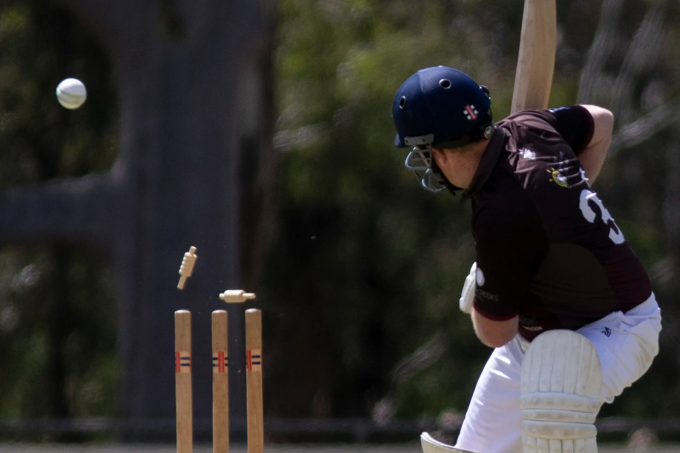 <p>BOWLED HIM: Mitch Saunders watches on as the bails fly from the stumps following a delivery that beats his bat. PHOTO: Dale Mann</p>\\n